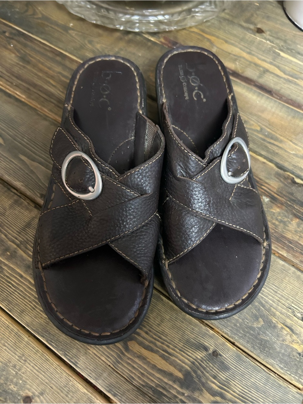 b.o.c. Dark Brown Leather Cross-Strap Slide Sandals with Silver Buckle